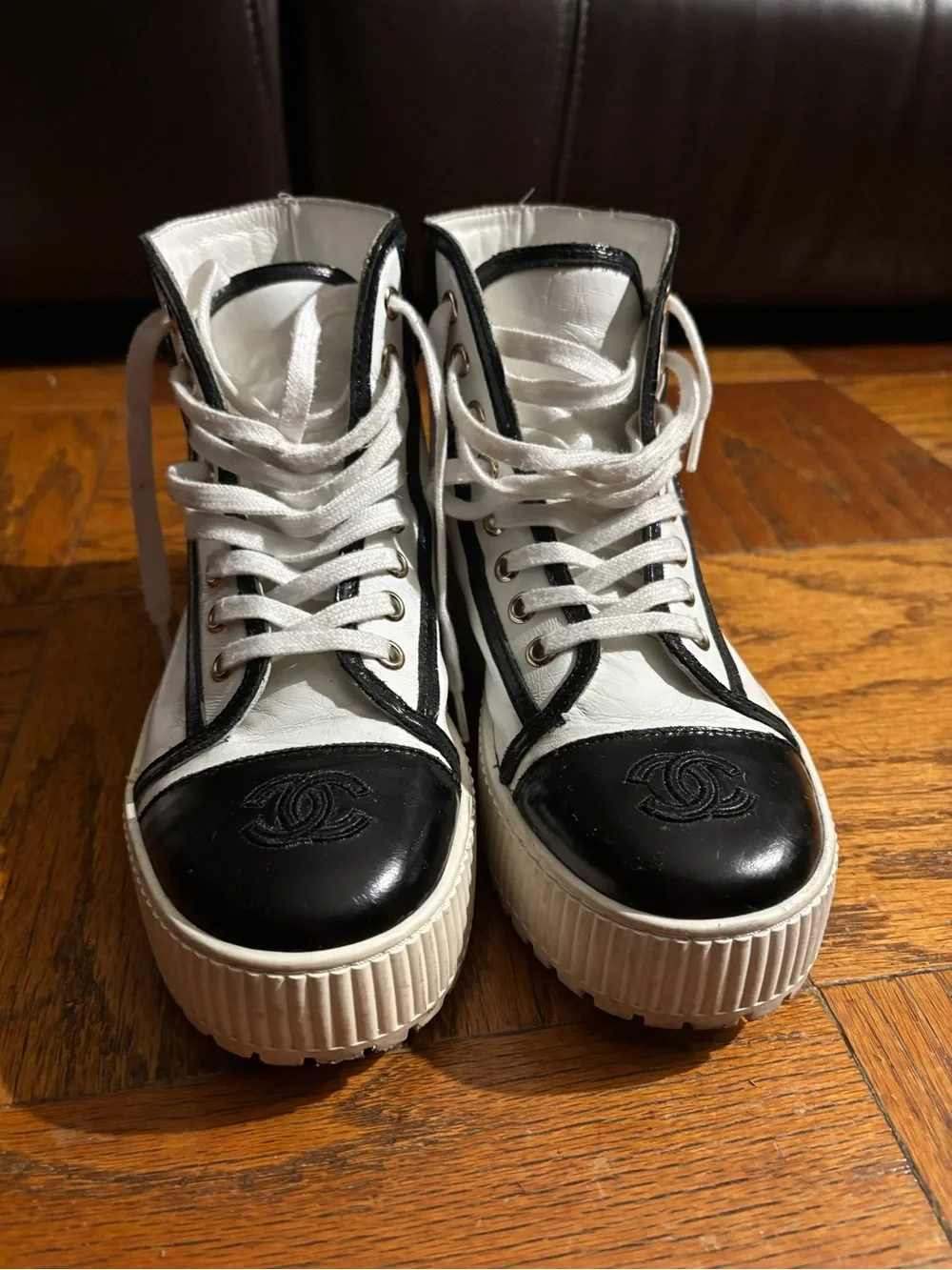 CHANEL White and Black Logo High-Top Sneakers